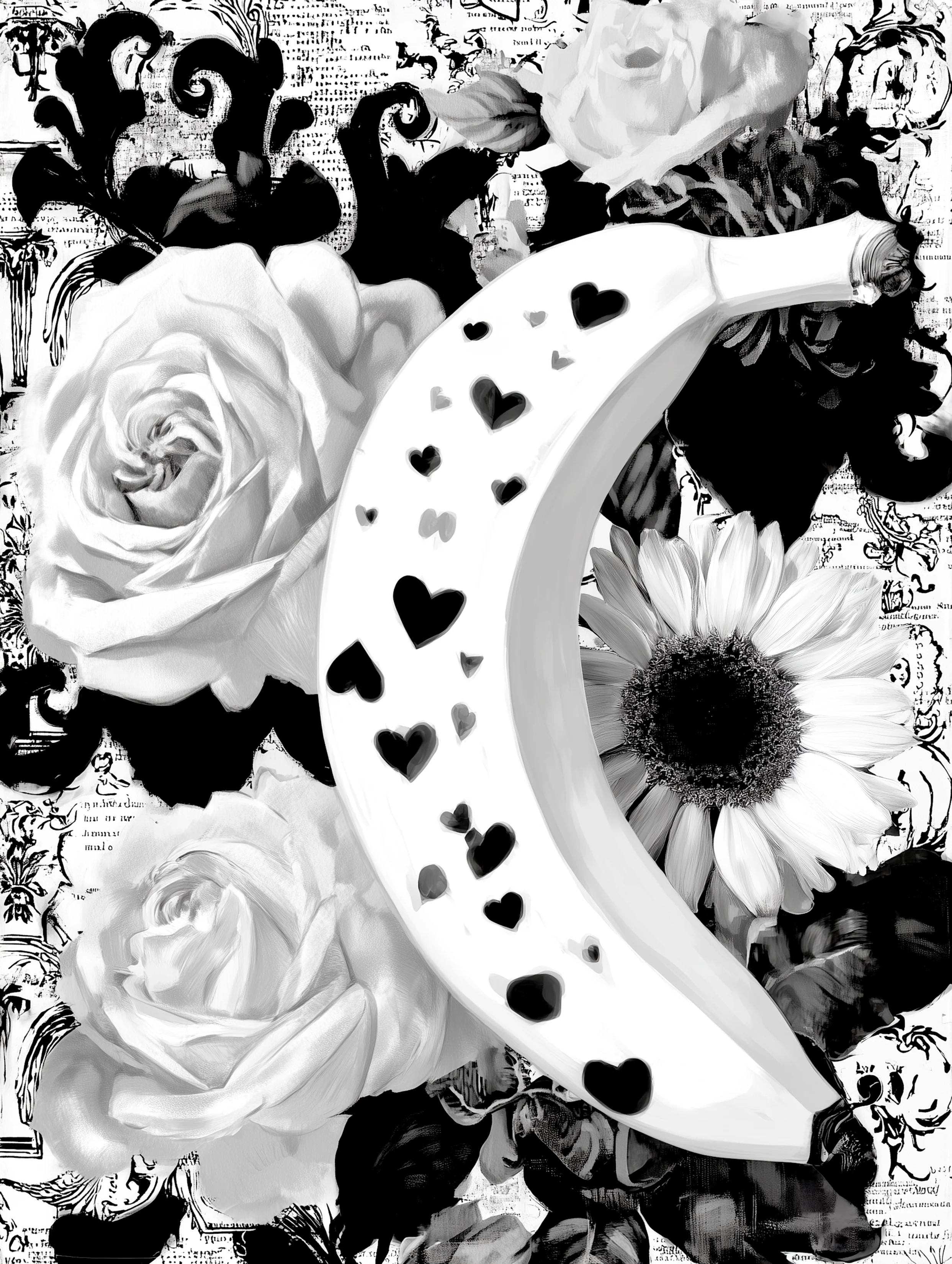 Free printable banana coloring page for adults featuring hearts on banana with flowers